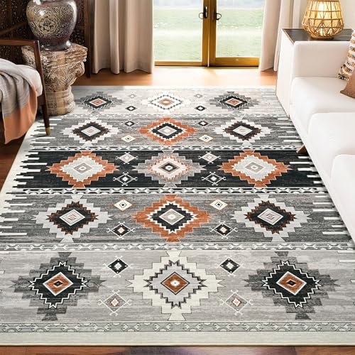 B BENRON Western Rugs for Living Room, Non Slip Area Rugs for Bedroom Dining Table Kitchen, Washable Aesthetic Boho Rug for Home Decor, 5ft x 7ft, Cream, Beige, Grey, Orange