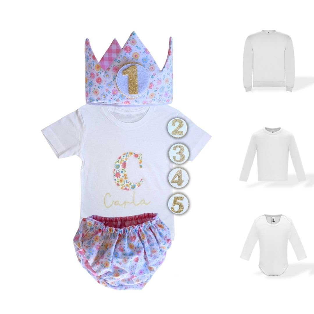 Genérico - Conjunto Cumpleaños 1 año Personalizado - Camiseta con nombre Bebé - Regalo primer cumpleaños - Smash Cake - Corona cumpleaños