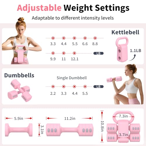 Image of Hezeyferg Adjustable Dumbbell Set, 2-in-1 Hand Weights with Kettlebell Form | 4-Level 2.2-5.5lb Each, Dual-Button Locking, for Women Men Beginners Home Gym, Portable & Space-Efficient, Full Body Workout
