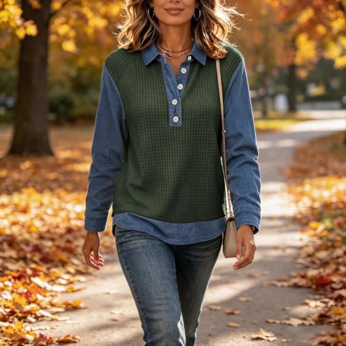 Waffle Tops for Women Jean Patchwork Collared Button Lightweight Shirts - image 3