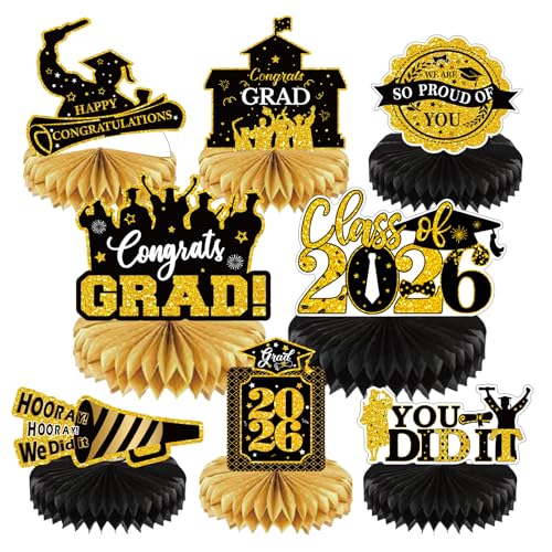 Image of 2026 Graduation Party Decorations - 8 Pcs Black Gold Class of 2026 Graduation Party Decor Honeycomb Centerpieces for Tables Congratulate for 2026 Congrats Grad Party Supplies