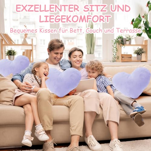Herz Kissen Dekokissen 46x36 cm Plüsch Dekokissen Herz Kissen für Wohnzimmer Sofa (Lila)