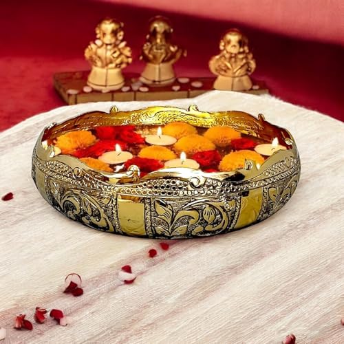 Image of Decorative Embossed Urli Bowl | Aluminium Urli Pot for Floating Flowers and Tea Light Candles Home Office Table Decor Diwali Decoration Items (Brass Antique, Large (12 inch))