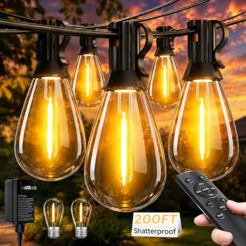 Tenmiro 200FT LED Outdoor String Lights with Remote 72+2 Shatterproof Bulbs Dimmable Timing 3 Light Modes Outside Patio Lights for Backyard Porch Deck Garden Balcony Pool party Hanging Lighting Decor