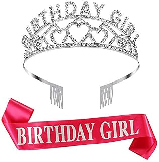 FANTESI Birthday Girl Sash and Tiara, Birthday Girl Sash and Crown for Happy Birthday Party Supplies, Favors, DecorationsSliver(Rose red-Silver)