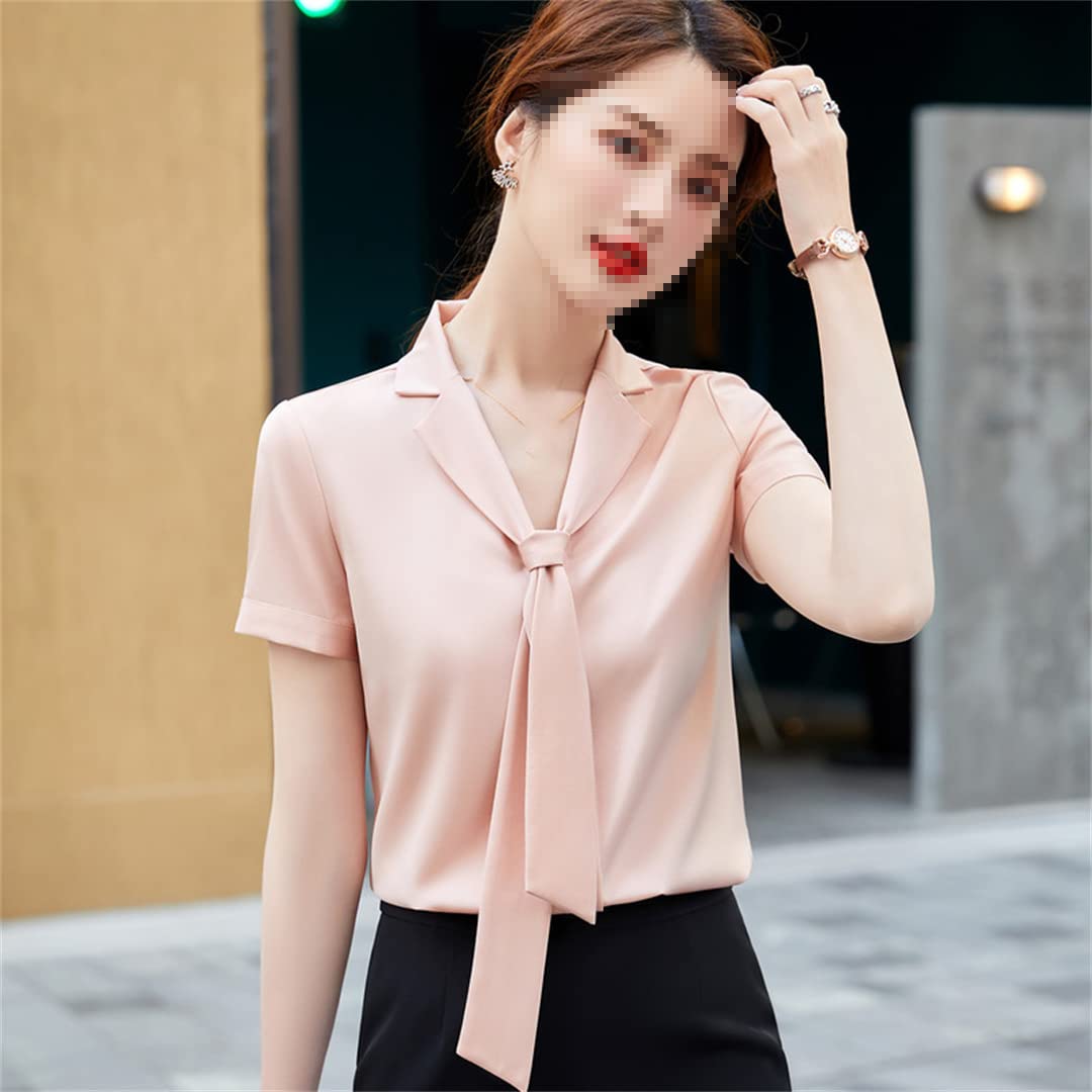 Blusa de chifón de Manga Corta de Verano para Mujer con Cuello en V de Lazo Blusas de Trabajo Formales de Oficina para Mujer White XL