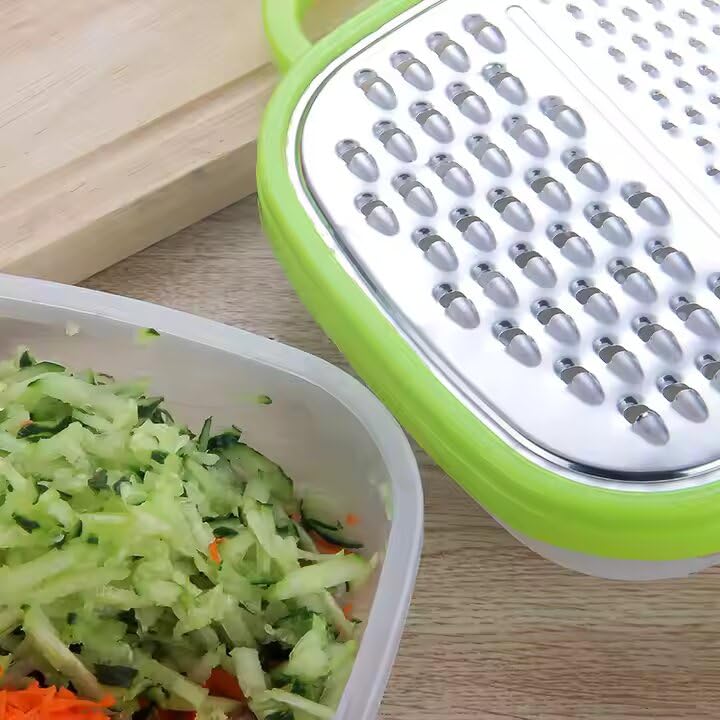Image of Vegetable Grater with Pot and Lid, Food Grade Stainless Steel Multi-Functional, 3 Different Blades and Food Container Manual Kitchen Grater with Multi-Use Tank(Multi Color)