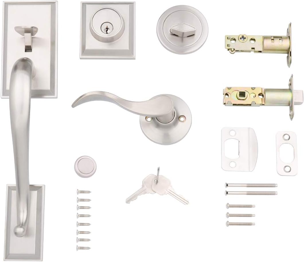 🛒 Crazy Deals Amazon Basics Modern Exterior Door Handle with Right-Hand Wave Door Lever and Deadbolt Lock Set, Satin Nickel