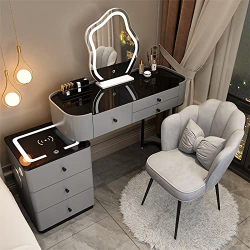 Dressing table，Set with charging station, make-up mirror, large dressing table with 3-color adjustable touch light, speaker, padded stool for women and girls (color: gray a+chair, size: L (B