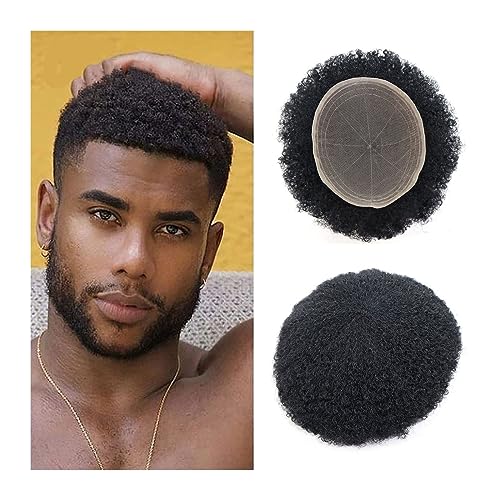 Peluquín para Hombres Afro Kinky Curly Men's Toupee 8 'x10' Full French Lace Base Hairpiece Natural Hairline Unidades de reemplazo de cabello humano # 1B Sistema de cabello rizado de 4 mm Peluca de Ho