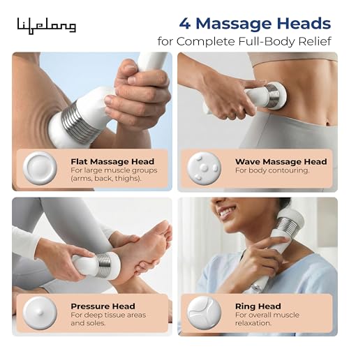 Image of Lifelong Flathead Cordless Massager | Rechargeable Body Massager for Pain Relief | 4 Heads for Targeted Therapy | 6 Speed Levels | Full Body Electric Percussion Massager for Adults & Children | White