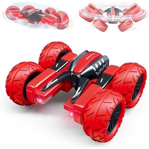 Threeking RC Rotating Stunt Cars Flowering Remote Control Cars Toys with Lights Double-Sided Driving 360-degree Flips Rotating Car Toy, Red Cover