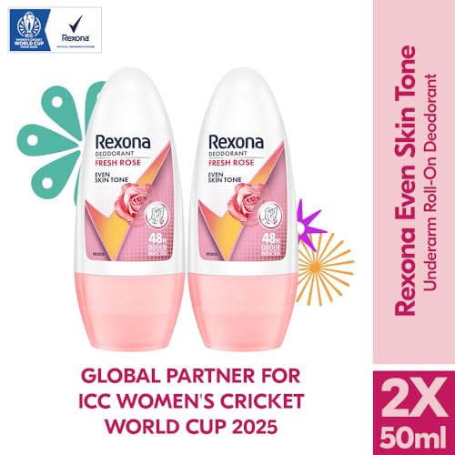 Image of Rexona Fresh Rose Even Skin Tone Underarm Roll-On Deodorant for Women | 48-Hour Odour Protection, 0% Alcohol | 50ml (Pack of 2)