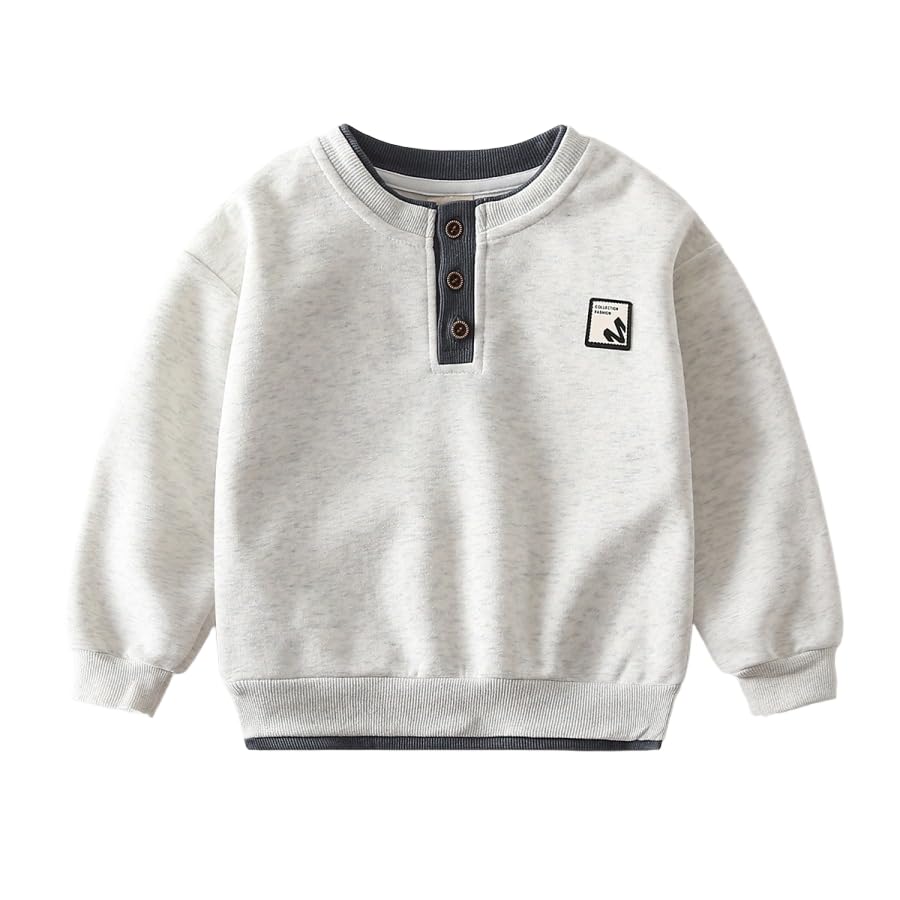 Irsutey Toddler Baby Boys Autumn Solid Color Button Round Neck Long Sleeve Cotton Sweatshirt For Boys