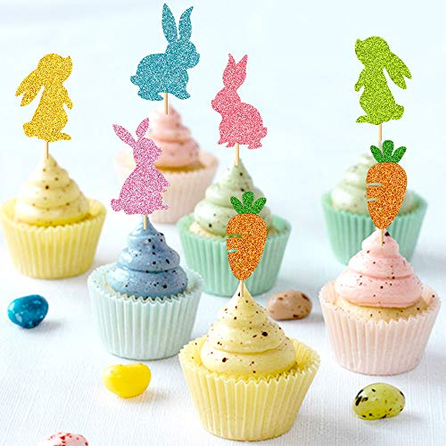 Bunny Rabbit Cupcake Topper Carrot Cake Decoration For Happy Easter Festival Spring Theme Kids Girls Boys Birthday 1St 2Nd Bday Wedding Party Supplies Glitter Decor 24 Pack #TOP5