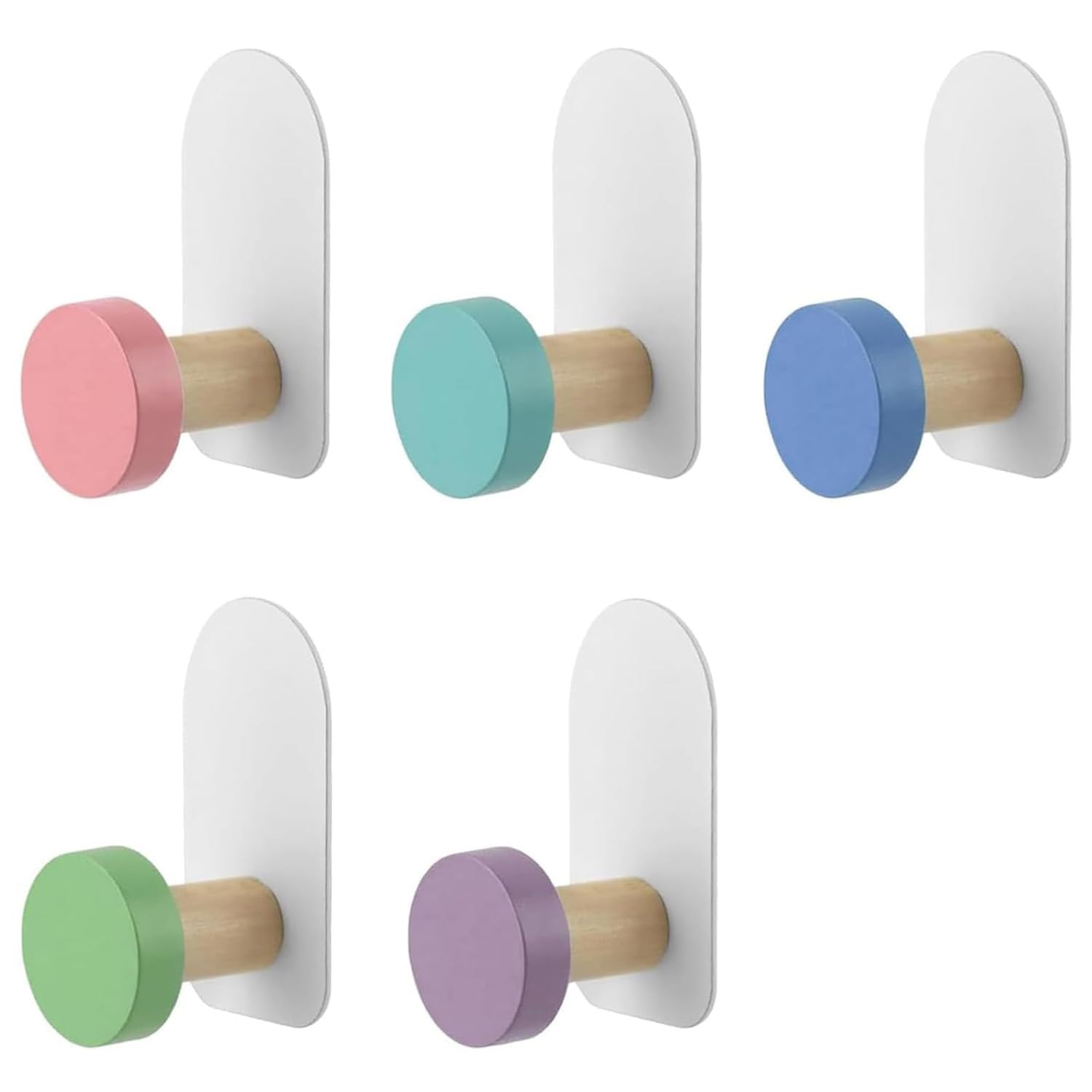 Reicyfang 5pcs Self-Adhesive Kids Coat Hooks, Wooden CoatHook, Multifunctional Wooden Sticky Clothes Hook, Door Hook Wall Mounted for Backpacks,Towels,Coats and Hats, Colorful