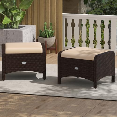 RELAX4LIFE Wicker Outdoor Ottomans for Patio - Set of 2 Rattan Footstools w/Removable Cushions, Multipurpose Outside Foot Rest, Side Table & Additional Seating for Porch Garden Backyard (Beige) - Thumbnail 2