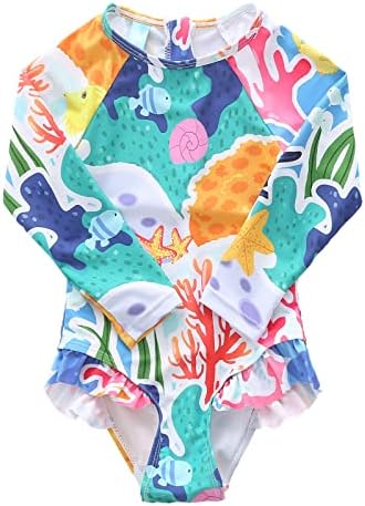 Toddler Girls One Piece Swimsuits Long Sleeve Rash Guard Swimshirts Kids Sun Protection Bathing Suits 3T Ocean Reefs