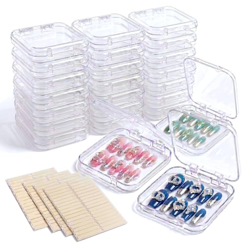 Image of 24 Pcs Press on Nail Storage Box with 120 Pcs Double Sided Adhesive Tapes, Nail Packaging Boxes Fake Nail Display Case Crystal Clear Nail Storage Box with Gift Box for Nail Art Business Nail Salon