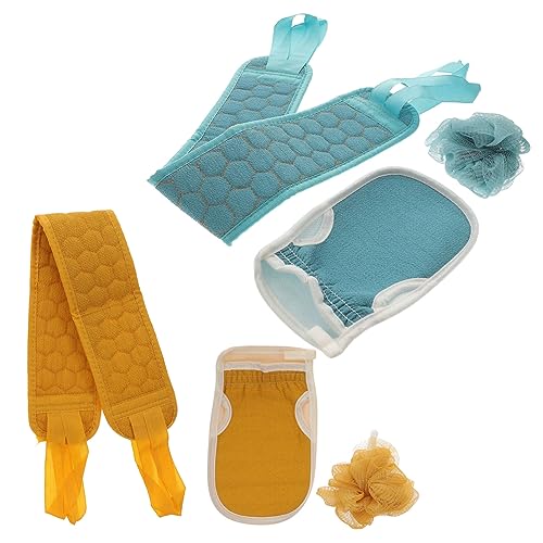 POPETPOP 2 juegos Toallas de Baño Guantes Exfoliantes y Bolas de Baño Kit de para Ducha Exfoliación Suave y Masaje Color Azul y Amarillo para Cuidado Corporal