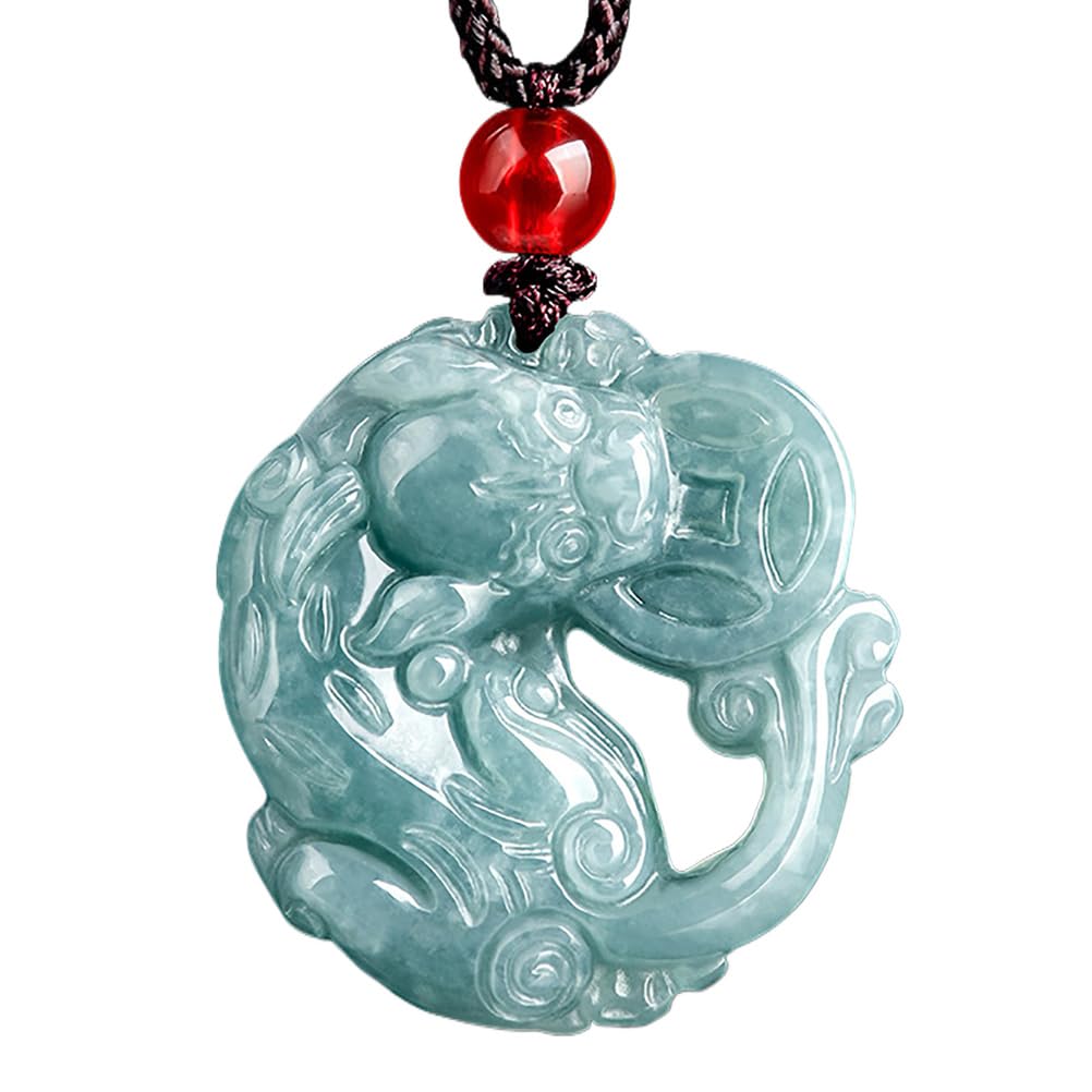 LOTONJT Jade Pixiu Necklace Crystal Coin-Biting Pi Yao Necklace Feng Shui Wealth Amulet Myanmar Level A Fei Cui Jade Chakra Gems Pendant Necklace Money Attraction Against Evil Spirits