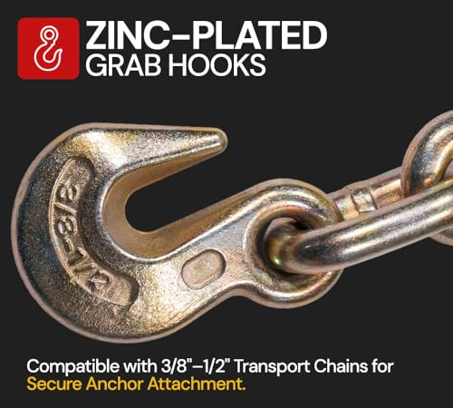 Image of Mytee Products 2 Pack 3 /8 inch - 1 /2 inch Hi-Viz Orange Quick Folding Handle Ratchet Load Binder with Grab Hook 12,000 lbs WLL | Tie Down Hauling Chain Binders for Flatbed Truck Trailer