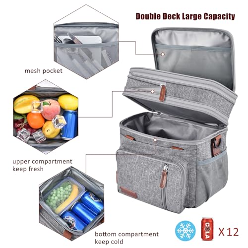Image of MIYCOO Lunch Bag & Lunch Box for Women Men, Double Deck Leakproof Insulated Soft Large Adult Camping Cooler bag for Work, Beach, Picnic, Travel (Grey, 15L)