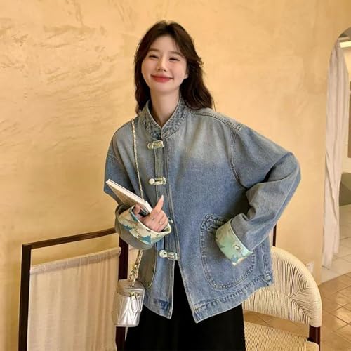 NCDUANSAN New Chinese button women's denim jacket, niche spliced long sleeved top, casual and fashionable design hip-hop2