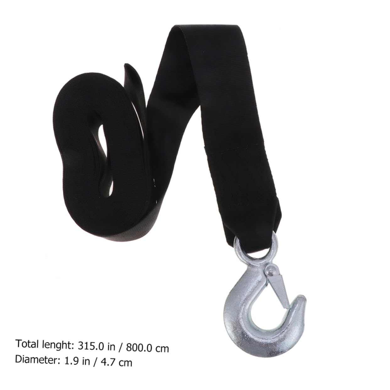 Cinghia Sicura e Anti-vibrazione in Poliestere Nero per Verricello Rimorchio Larghezza 4,7cm con Gancio di Acciaio per Carichi Fino a 1,5 Tonnellate