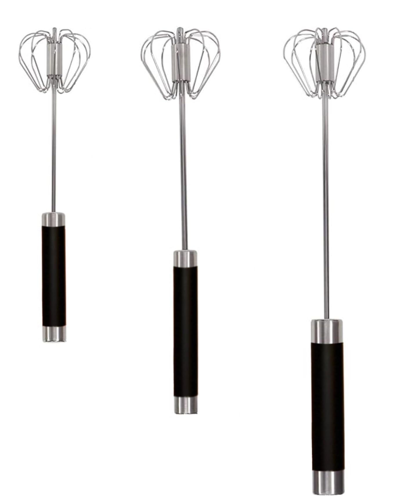 Stainless Steel Semi-Automatic Whisks to Beat, Stir, and Mix (3 Pack, 3 Sizes, All Black, Easy Grip)