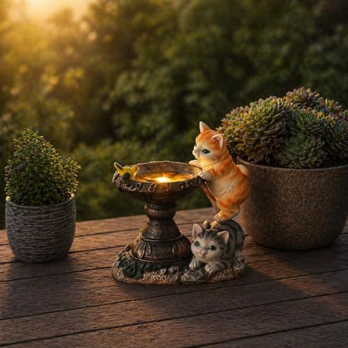 Image of XERGY Solar Powered Garden Decor Cute Cat & Bird Resin Statue with LED Bowl - Outdoor Decorative Lamp with Dusk to Dawn Sensor, Waterproof Light for Lawn,Terrace & Balcony Decor (Multicolor)