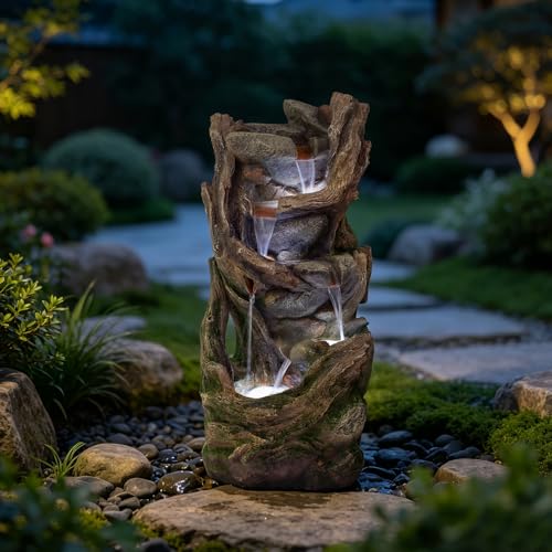 Image of Driftwood Rock Outdoor Water Fountain, Resin with LED, 38.6 in | Cascading waterfall, mimics driftwood & river rock, fitted with pump, indoor & outdoor decor for garden, patio and yard