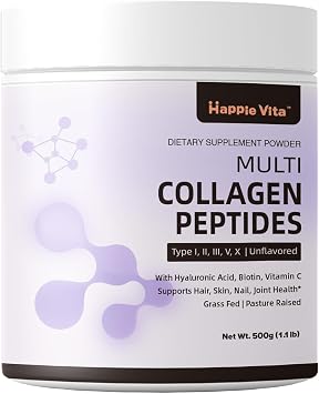 Multi Collagen Peptides Powder, 5 Types I, II, III, V, X Collagen Protein Powder with Biotin, Hyaluronic Acid, Vitamin C, Grass-Fed & Pasture-Raised, Keto, Paleo, Unflavored 1.1 lbs