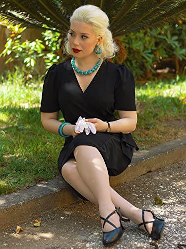 Knitee Women's Retro Business V Neck Short Puff Sleeve Ruffle Cocktail Dress #TOP1