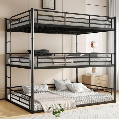 Image of Queen Over Queen Over Queen Bunk Bed with Safety Guardrails, Modern Metal Triple Bed Frame for Kids, No Box Spring Required, Black