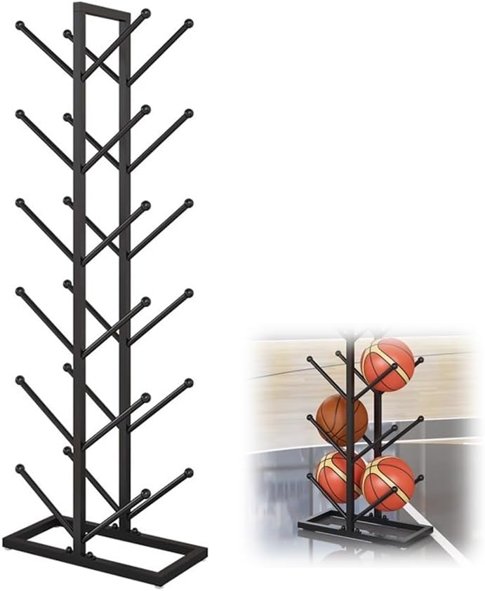 Heavy Duty Freestanding Ball Storage Rack – Metal Organizers for Basketball, Soccer, Volleyball & Football – Ideal for Garage, Gym & School (Black, 50x23x115cm)