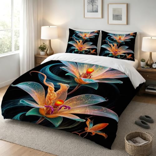 Parure de lit fleurs orange 240x260 cm au tissage microfibre doux - 4
