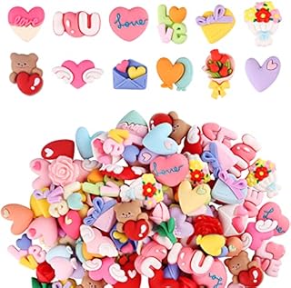 100PCS Valentines Day Craft Resin Ornaments, Kalolary Love Heart Flatback Ornaments for Crafts Romantic Rose Cute Cartoon Bear Resin Embellishments for Hairpins Phonecase DIY Decoration