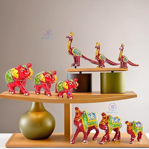 Hand-Painted Paper Mache Camel, Peacock & Elephant Set - Traditional Indian Folk Art Decor for Home, Office, and Special Occasions (Set of 9)