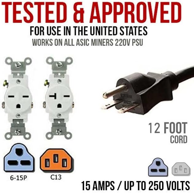 Miniatura 3 de Cable de alimentación resistente UL de 220-250 V para BITMAIN APW3++, Antminer y otros mineros ASIC. (12 pies)