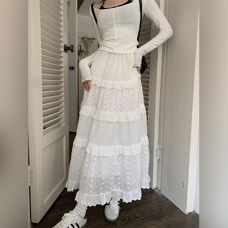 Women's Y2K Boho Ruffle Lace White Maxi Skirt Tiered Long Skirt Elastic High Waist Pleated A-Line Long Skirt3