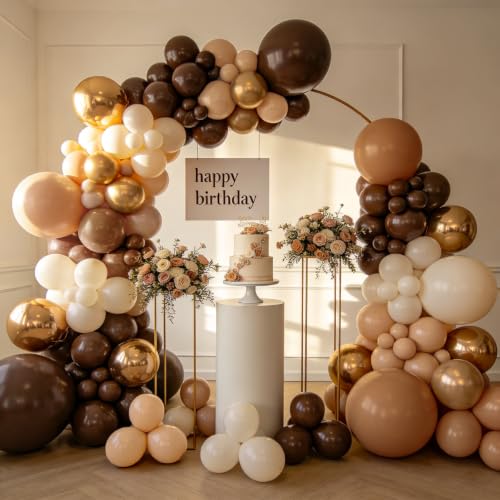 Image of Brown Balloons Garland Arch Kit, Gold,Neutral Brown,Sand White,144 pcs | Coffee Balloons for Birthday Bear themed Baby Shower Wedding Party Decorations