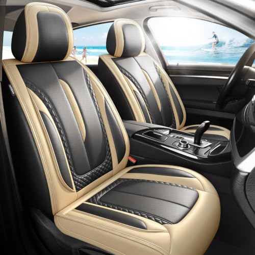 Image of Fit Sonata Car Seat Covers for Hyundai Sonata 2008-2025 2026 - Premium Breathable Leather,Airbag Compatible,Waterproof All-Weather Seat Cushion Protector, Full Set Beige&Black
