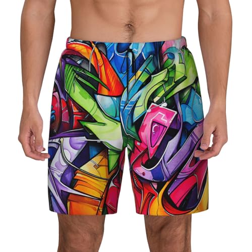 Graffiti Drawing Print Men Stylish Functionality Swim Trunks Breathable Beach Shorts Surfing Gym Fishing
