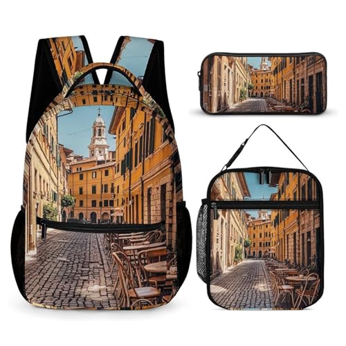 Old Courtyard Cafe Chair City, Rome, Italy Backpack Set Lightweight Daypack with Lunch Box Pencil Bags Bookbags 3 in 1