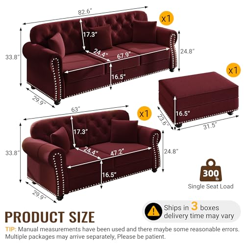 Image of KEIKI 2-Piece Chesterfield Sofa Set with 1 Velvet 3-Seater Sofa & 1 Loveseat Sofa, Upholstered 5-Seater Couch Set with Nailhead Trim & Rolled Arms & 1 Ottoman & 5 Pillow, for Living Room, Burgundy
