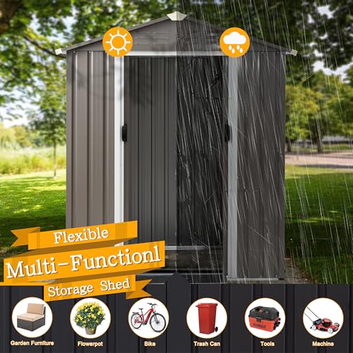 Shintenchi-5×3-FT-Outdoor-Storage-Shed-with-Window-Lockable-Outdoor-Waterproof-Tool-Storage-Sheds-Weather-Resistant-Tool-Storage-House-Shed-for-Garden-Backyard-Patio-Utility-and-Tool-Storage-Gray Shintenchi 5×3 FT Outdoor Storage Shed with Window Lockable Outdoor Waterproof Tool Storage Sheds Weather Resistant Tool Storage House Shed for Garden Backyard Patio Utility and Tool Storage Gray
