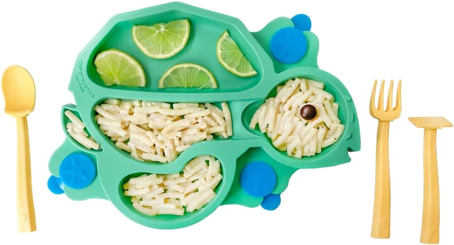 Plate Made in USA | Constructive Baby | Kids Dinnerware Set, Green Turtle Plate | Divided Suction Plates for Toddlers – Made with Materials Tested for Safety
