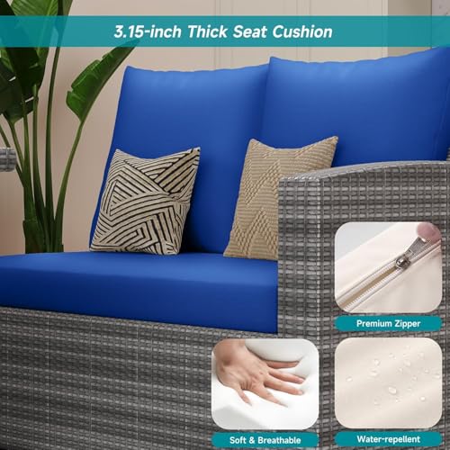 7 Piece Outdoor Patio Furniture Set with Plastic Wooden Table, Patio Rattan Conversationr Sofa Set, All Weather Sectional Rattan Sofa and Chairs, Garden, Porch, Poolside, Blue