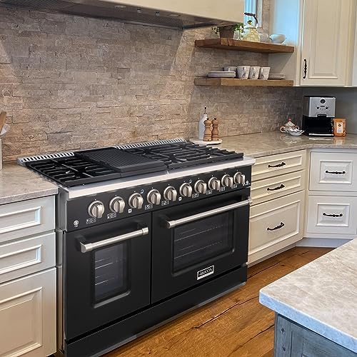 Akicon 48" Slide-in Freestanding Professional Style Gas Range with 6.7 Cu. Ft. Oven, 8 Burners, Convection Fan, Cast Iron Grates, & Blue Porcelain Oven Interior, In Black with Stainless Steel